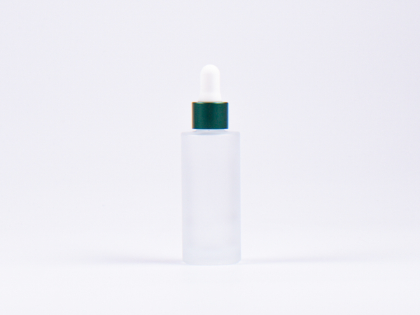 Glasflasche säuremattiert- eckige Schulter, 30ml, mit Pipette Alu grün-matt